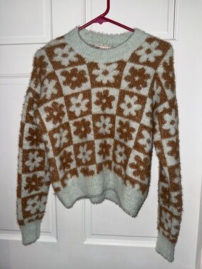 SO Floral Check Crewneck Sweater - Mint & Brown